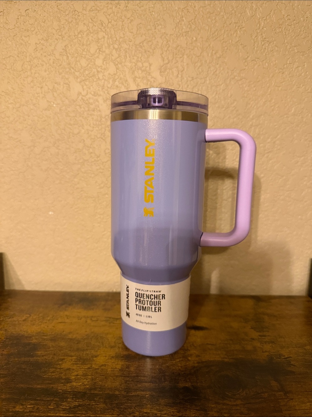 Stanley 40oz FlipTop Lavender Quencher Tumbler with Pink Handle and Gold Logo